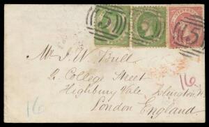 1860 cover to London with scarce franking of Emblems 1d green SG 86b two singles & 4d rose-pink SG 87 tied by superb BN '5', small 'BALLARAT/JU18/60/VICTORIA' b/s & Melbourne transit of the same day, London arrival b/s of AU9/60 in red, a couple of minor 