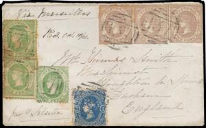 1860 cover to Durham "Via Marseilles/per Salsette" with rare franking of Emblems "Bordeaux Paper" 1d bright green SG 97 (cut from the sheet at top & left) plus Laid Paper 1d yellow-green SG 86/b group x2 (both gum-stained), Rouletted 2d brown-lilac SG 69