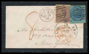 1866 mourning cover to New York with Laureates 2d & 1/- tied by Melbourne duplex, London transit in red, ' 5 /N YORK BR PKT' cds ties both stamps. Very attractive. Ben Palmer's Census USA #204.