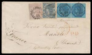 1869 quadruple-rate cover to France "by Travelling Post" with Laureates 2d dull violet, 6d blue & 1/- blue/blue pair tied by 'BEECHWORTH/DC-4/69/VICTORIA - 9 ' duplex, light French mailboat cds & 'P.D.' h/s both in red on the face, Paris transit & 'MANSLE