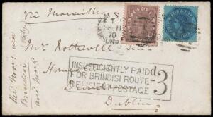 1870 cover to Ireland "Via Marseilles" with Laureates 10d brown/pink (a huge & superb well centred example) & 1/- dark blue/blue (very fine) tied by two strikes of the rare 'RMSS/ T /SE-11/70/HOBSONS BAY - VICTORIA' duplex (Type 1; letters closely spaced)