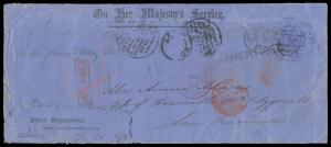 1874 (Oct 7) long OHMS envelope with 'Police Department' imprint at L/L & 'CHIEF SECRETARY' Frank h/s in blue overstruck with Melbourne duplex, to California with London transit cds of 4DE74 & 'SAN FRANCISCO/ DEC/25/PAID ALL' arrival cds (Christmas Day) i