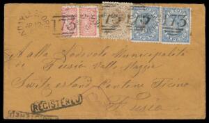 1882 cover to Switzerland with Three-Issue franking of Laureates 6d blue x2, Bell ½d rose pair & Naish 2d brown tied by 'DAYLESFORD/AP12/82/VICTORIA - 173' duplex & boxed 'REGISTERED' h/s at the base, transit b/s Italian 'BRINDISI/20/MAG/82' & very fine d