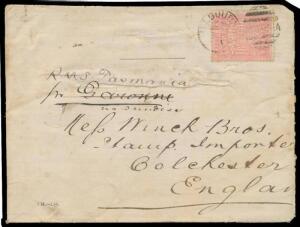 1885 cover with Italian Consulate in Melbourne cachet in blue across the flap, to the Italian Navy Minister in Rome (b/s) "Per SS Sorata" with rare four-colour franking of Naish 'STAMP DUTY' ½d rosine x2, 2d violet & 6d blue plus Large Stamp Duty 1/- chal