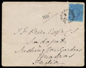 1885 (Feb 9) cover to India with very scarce solo franking of 'STAMP DUTY' on Bell 1/- blue/blue tied by 'HAWTHORN/ VICTORIA' cds, Melbourne & superb Bombay transit b/s & fine 'FIRST DELY/SAIDAPET/MADRAS/-MAR8' arrival b/s, minor blemishes. [Lushington Ga