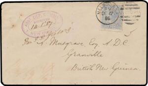 1886 cover with embossed "The Argus" (newspaper) on the flap, to Captain Anthony Musgrave at "Granville/British New Guinea" & endorsed "Per SS Victory", with Victorian 6d blue tied by Melbourne duplex of DE17/86, fine strike of Musgrave's triple-oval 'ASS