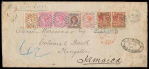 1891 (July 28) cover to Jamaica "via London" with an extraordinary & rare 5-colour franking of 2½d red/yellow x2, 4d red, 5d brown, 8d pink x2 & 1/6d orange (only one other example recorded on cover) tied by '1/W' cancels of 'MARKET ST/MELBOURNE W' (cds 