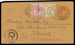 1893 double-rate usage of 1d orange-brown/brown Stamped-to-Order Envelope to Canada with 3d & 4d tied by "Belt & Buckle" 'POST AND TELEGRAPH OFFICE/PRAHRAN/MY8/1893' datestamp, 'REGISTERED/MELBOURNE' & 'WINDSOR/ONT' transit b/s. The rate was 2½xd x2 + 3d 