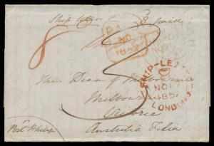 INWARDS MAIL: 1852 (Nov) entire multi-part letter from Ulster to "Melbourne/Victoria/Australia Felix - or Port Phillip" (!), light 'OMAGH/NO15/1852' cds, London 'SHIP-LETTER/[crown]/NO17/1852/=LONDON=' cds, Tombstone 'PAID' d/s & rated "8d" all in red, fa