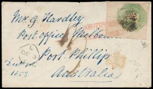 INWARDS MAIL: 1853 poste restante cover from England with exceptional franking of an enormous corner example of the Embossed 1/- green SG 55 (margins good to humungous, Cat £1800+ on cover), poor numeral cancel & 'NEWPORT IW' b/s, Liverpool "lozenge" tra