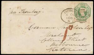 INWARDS MAIL: 1855 Germain Nicholson cover from England with a very attractive Embossed 1/- green (margins good to large, 11mm scissor-cut at lower-right just intrudes on the design) tied by superb 'LIVERPOOL/4OC/1855/ H1 - 466' duplex & oval ' L /OC4/ A 