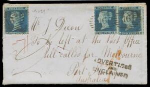 INWARDS MAIL: 1855 (June 1) envelope & contents from GB "To be left at the Post Office/till called for Melbourne/Port Phillip" with 2d blue x3 tied by very fine diamond-numeral '16' cancels & straight-line 'Battersea' b/s in blue, '1d' in red for the paym