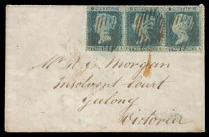 INWARDS MAIL: 1856 (Aug 6) envelope from England with 'Deptford Broadway' b/s in blue, 2d blue strip of 3 with diamond-numeral '41' cancels & '1d' in red for postage due to Victoria, 'SHIP LETTER/FREE/NO5/1856/GEELONG VICTORIA' arrival b/s in red, a littl