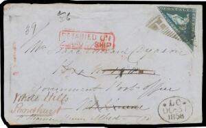 INWARDS MAIL: 1858 cover front only from the Cape of Good Hope "per Steamer Prince Alfred", to "Box No 190/Government Post office/Melbourne" with Triangle 4d blue (2½ margins, cut-into at lower-left), largely fine 'DETAINED ON/BOARD OF SHIP' h/s in red a