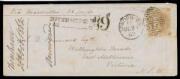 INWARDS MAIL: 1862 cover from GB "Via Marseilles" with scarce franking of 1862-64 9d bistre SG 86 (Cat £875 on cover) tied by very fine 'LONDON-WC/ 11 /OC27/62 - W.C/11' duplex, equally fine 'DEFICIENT POSTAGE 3d/FINE 6d - 9d' h/s, superb Melbourne arriva