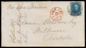 INWARDS MAIL: 1875 cover from the United States "via San Francisco" with 'OLYPHANT & CO OF CHINA/SEP/16/1875/NY' b/s in blue, 5c Zachary Taylor tied by geometric cork cancel of New York (cds in red alongside), Melbourne arrival b/s of NO15/75, minor blemi