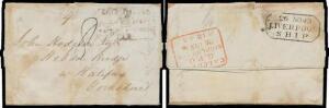 1843 (Apr 17) entire letter headed "Australind" & signed "WPearce Clifton", to Yorkshire "p Phantom to Mauritius" (endorsed within) light but fine strike of the rare octagonal 'SHIP LETTER/("April") [crown] ("26")/WESTERN AUSTRALIA/PAID' handstamp of Bunb