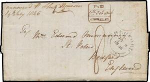 1846 lengthy entire letter signed "EC Ommanney", to Bedfordshire "p Ship Unicorn" with very fine strike of the octagonal 'PAID/("17th Feb 1846")/AUSTRALIND' handstamp & light strike of the Perth oval Ship Letter h/s in red, GB straight-line 'SHIP-LETTER' 