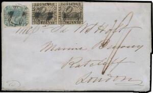 1856 entire mercantile letter headed "Perth W Australia/Feby 4th 1856" & signed for "W&R Habgood", to the "Marine Brewery/Ratcliff/London", 1854 Imperf 1d black SG 1 horizontal pair (almost full margins, just shaved at right) & 4d blue SG 3a (margins just