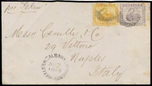 1883 (Aug 7) cover to Italy "per Pekin" with Perf 14 1d yellow-ochre & 6d lilac tied by poor 15-bar '6' cancels, fine Albany cds at base, fumigated at Venice where cut by three chisel slits (one affecting the 1d, another through the complete Union Bank o