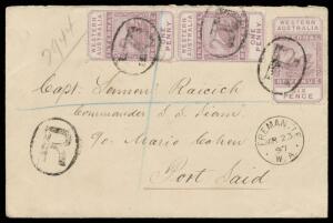 1897 (Mar 23) double-rate cover with 'THE WESTERN AUSTRALIAN BANK' embossing in blue on the flap, to a ship's captain in Egypt with scarce franking of Postal Fiscals 1d pair & 6d tied by 'R'-in-oval cancels of 'FREMANTLE' (cds below), Perth & 'SUEZ' trans