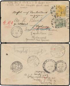 1902 commercial usage of 2d Envelope uprated with ½d & two strikes of the unframed 'MT MALCOLM/DE15/02/W.A - PO' duplex, to "Mr H Klink/Leader of the Ramu Expedition III/Stephansort/German New Guinea" with transit backstamps of Brisbane & Singapore (!) pl