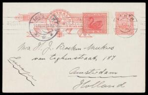 1911 usage of CofA Fullface 1d Postal Card BW #P1 to Holland uprated with 1d Swan tied by 'PERTH' machine cancel of 16OCT11, 'AMSTERDAM' arrival cds of 11.11.11 on the face. Overpaid &frac12;d. [The message headed "Subiaco/14.10.11" states "This is a new Card is