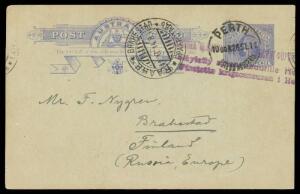 1914 (Sep 26) usage of QV 1½d blue Postal Card Pope #PC19 to "Finland (Russia Europe)" with Perth cds & tri-lingual 3-line (Censor?) handstamp in violet both canceling the printed stamp, superb tri-lingual 'RAAHE * BRAHESTAD/11xi14/...' arrival cds on the