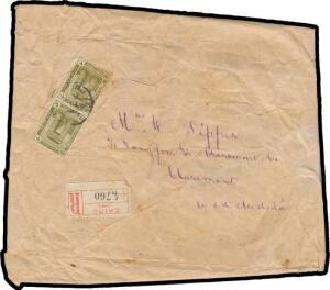 INWARDS MAIL: 1916 (Feb) envelope from Egypt with 20m Gate tied by Cairo cds & registration label below, Claremont arrival b/s of 6MR16, rather the worse for wear but quite presentable. [This item shows classic signs of having been immersed in sea water: