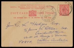 INWARDS MAIL: 1936 usage of Kenya Uganda & Tanganyika KGV 15c Postal Card with 'MPIGI/UGANDA' cds & 'BOMBAY FOREIGN' transit cds on the face, small closed tear at the base.