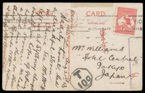 1913 PPC to "Hotel Central/Tokyo/Japan" with 1d Roo tied by Melbourne machine cancel, superb 'T/10c'- in-octagon, Japanese "chop' at right, characters in red & remnants at the top of a readdressing label, creased at left.