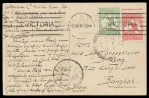 1914 PPC to Siam with Roos ½d & 1d tied by Melbourne machine cancel, 'SINGAPORE' transit & 'BANGKOK' arrival cds both on the face.