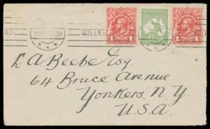 1914 cover to the United States with ½d Roo & Engraved 1d x2 tied by Brisbane machine cancel. One of the more attractive Penny Engraved covers we have offered.