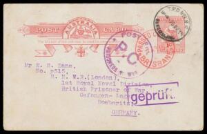 1915 usage of Kangaroo 1d Postal Card unusually to a naval POW in Germany with very fine 'TPO No1 NR/28MR14/QUEENSLAND' cds & 'PASSED CENSOR/1AP15/BRISBANE' cds in red, British 'POST FREE/ P.C/PRISONERS OF WAR' cachet in purple & German 'gepr&uuml;ft' (= censo