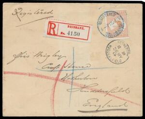 1915 cover with printed 'AUDIT DEPARTMENT/[coat of arms]/QUEENSLAND' in blue on the flap & unusual 'AUDITOR GENERAL/12 APR 15/OF QUEENSLAND' datestamp in red below, to Yorkshire with 5d Roo tied by 'REGISTERED/BRISBANE' cds in blue, red & black/white regi