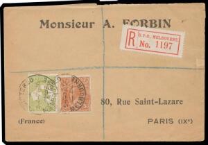 1916 Forbin cover to France with unusual franking of Third Wmk 3d olive perf 'OS' (rounded corner, Cat $350 on cover) & KGV Single-Line Perf 5d (exceptional centring, Cat $150 on cover) tied by 'REGISTERED/ 1 /MELBOURNE' cds, red/white 'GPO MELBOURNE' reg