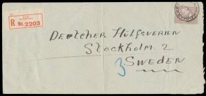 1919 cover to Sweden with very scarce solo franking of Third Wmk 9d violet (corner fault, Cat $350 on cover) tied by 'HAYMARKET/NSW' cds, red/white 'NSW/Haymarket' registration label, superb 'STOCKHOLM 2/ANK.AFD' arrival b/s, central vertical fold. The ra