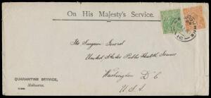 1920 OHMS cover with 'QUARANTINE SERVICE/Melbourne' imprint at lower-left, to Washington DC with KGV ½d green & 5d yellow-brown both perf 'OS' tied by Melbourne cds, minor blemishes. The rate was 2½d x2 + ½d war tax.