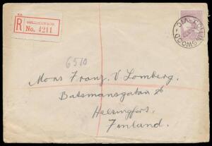 1922 double-rate cover to Finland with very scarce solo franking of Third Wmk Die IIB 9d violet (Cat $350 on cover) tied by 'COLLINGWOOD/VIC' cds, red/white registration label, London transit backstamp in red & 'HELSINKI/ HELSINGFORS' arrival b/s, minor b