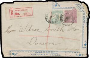 1923 quintuple-rate cover to New Zealand with scarce franking of KGV 1d violet & Third Wmk 1/- (Cat $300 on cover) tied by 'REGISTERED/TOWNSVILLE' cds, red/white registration label, 'TPO No 1 N RLY/UP.../ QUEENSLAND' & 'REGISTERED BRISBANE/...' transit b/