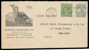 1928 (May 28) illustrated advertising cover for Burrows Crawford to New York with typed endorsement "USA Air Mail" with scarce franking of KGV 1d & Third Wmk 1/- Die IIB (Grossly Misplaced Perforations) tied by Sydney 'SAY IT BY TELEPHONE' slogan, San Fra