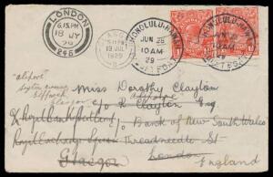 1929 cover to England with KGV 1½d red x2 tied by 'HONOLULU,HAWAII/PAQUET BOAT' (misspelt) cds, superb London cds on the face, readdressed three times with Glasgow machine on the face.