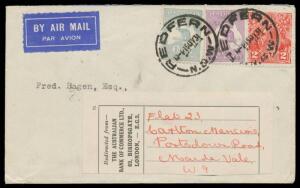 1931 (May 15) airmail cover to London with scarce franking of Small Multiple Wmk Roos 9d & 1/- (Cat $350 & $250 respectively on cover) & KGV 2d tied by superb 'REDFERN/NSW' cds, redirected within London with Australian Bank of Commerce label. The rate was