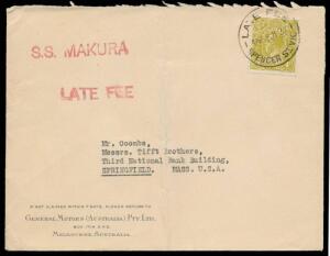 1931 General Motors cover to Massachusetts with scarce solo franking of Small Multiple Wmk Perf 13½x12½ 4d olive tied by 'LATE FEE/SPENCER ST VIC' cds, 'SS MAKURA' & 'LATE FEE' h/s both in red, central vertical fold. The rate was 3d + 1d late fee.