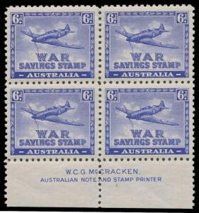 WAR SAVINGS STAMPS: 6d "Spitfire" Perf 11 McCracken Imprint block of 4 (superb; two units with faintest trace of having been mounted) & a single in black/grey 'War Savings Stamps/Booklet' (a couple of very minor blemishes), and National Savings Stamp 5/- 