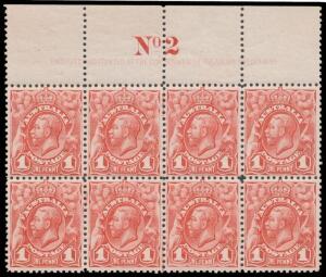 ONE PENNY KGV: Selection of shades, marginal block of 4 & Plate 2 upper-left corner block of 6 with Re-Entry, single CTO JY17/14, Plate Numbers 1 3 & 4 blocks of 4 and Plate Number 2 block of 8, a few minor blemishes, some units are unmounted. (18 items)