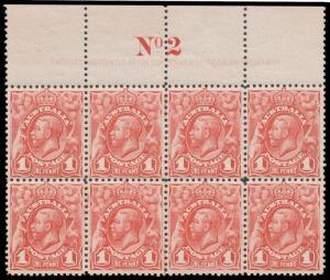 ONE PENNY KGV: Selection of shades, marginal block of 4 & Plate 2 upper-left corner block of 6 with Re-Entry, single CTO JY17/14, Plate Numbers 1 3 & 4 blocks of 4 and Plate Number 2 block of 8, a few minor blemishes, some units are unmounted. (18 items)