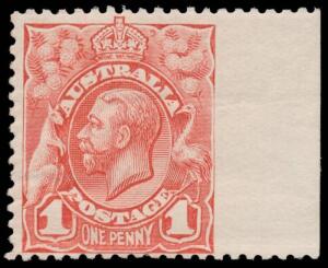 ONE PENNY KGV: 1d rose-red single from the right of the sheet Imperforate at Right BW #59be (SG 17 var), characteristic minor gum bends, Cat $1500.