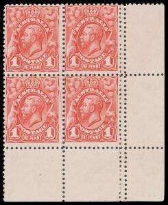 ONE PENNY KGV: 1d carmine-red block of 4 from the right of the sheet with Double Perfs at Right BW #59bi (SG 17 var), minor gum blemishes; and a lower-right corner block of 4 in a brighter shade with a more dramatic example of the error, unused; Cat $700+