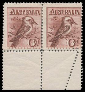 SIX PENCE KOOKABURRA: 6d dull claret marginal pair from the base of the sheet grossly misperforated with an Official Repair at the Base and re-perforated resulting in a striking Double Perforations variety BW #60b (SG 19var), Cat $800+.